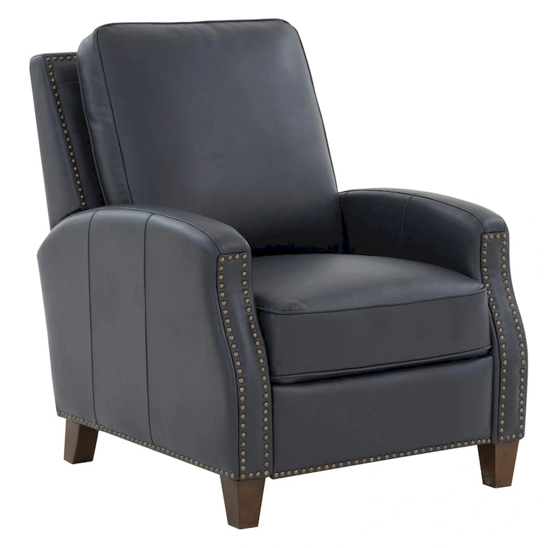 Fauteuil inclinable à pousser, simili cuir, accoudoirs demi-ronds, clous décoratifs, pieds en bois fuselés, mousse haute densité, marron selle / bleu nuit, 1 place