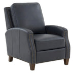 Fauteuil inclinable à pousser, simili cuir, accoudoirs demi-ronds, clous décoratifs, pieds en bois fuselés, mousse haute densité, marron selle / bleu nuit, 1 place