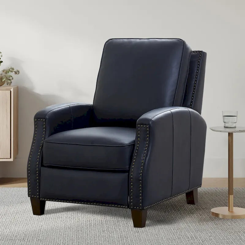 Fauteuil inclinable à pousser, simili cuir, accoudoirs demi-ronds, clous décoratifs, pieds en bois fuselés, mousse haute densité, marron selle / bleu nuit, 1 place