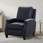 Fauteuil inclinable à pousser, simili cuir, accoudoirs demi-ronds, clous décoratifs, pieds en bois fuselés, mousse haute densité, marron selle / bleu nuit, 1 place