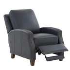Fauteuil inclinable à pousser, simili cuir, accoudoirs demi-ronds, clous décoratifs, pieds en bois fuselés, mousse haute densité, marron selle / bleu nuit, 1 place