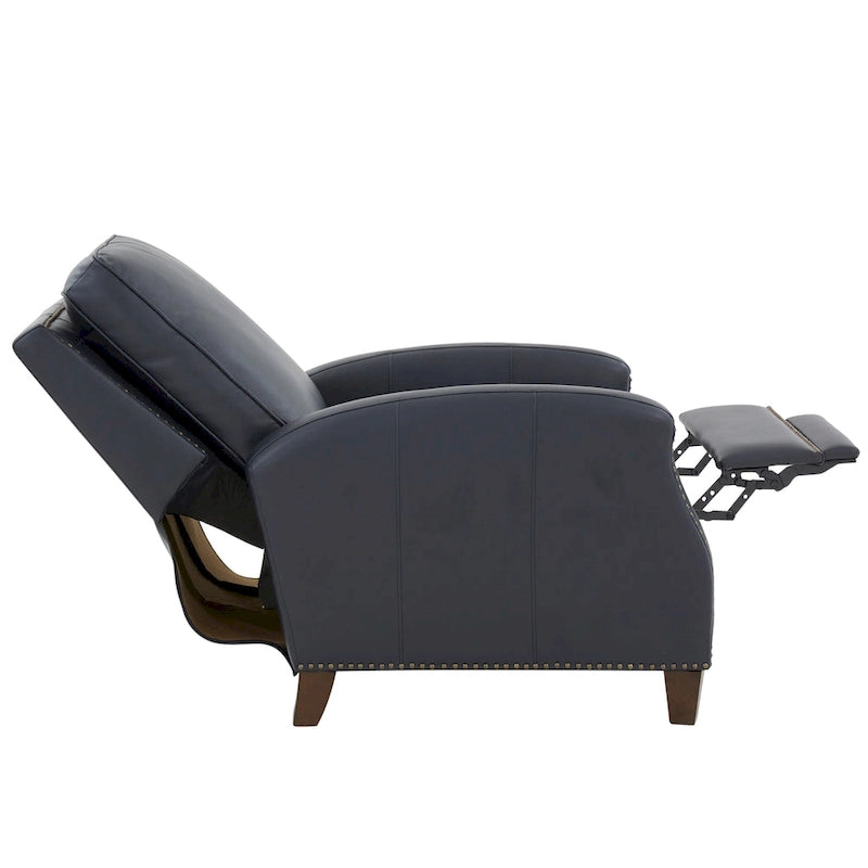 Fauteuil inclinable à pousser, simili cuir, accoudoirs demi-ronds, clous décoratifs, pieds en bois fuselés, mousse haute densité, marron selle / bleu nuit, 1 place