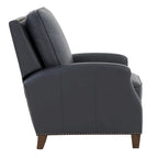 Fauteuil inclinable à pousser, simili cuir, accoudoirs demi-ronds, clous décoratifs, pieds en bois fuselés, mousse haute densité, marron selle / bleu nuit, 1 place