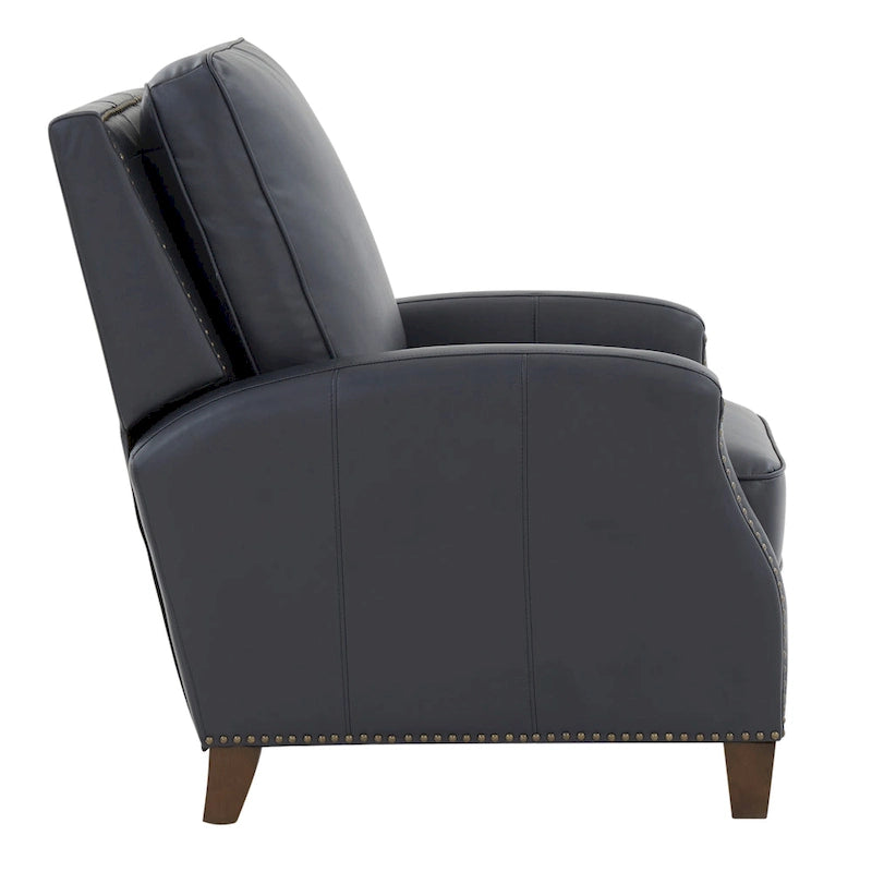 Fauteuil inclinable à pousser, simili cuir, accoudoirs demi-ronds, clous décoratifs, pieds en bois fuselés, mousse haute densité, marron selle / bleu nuit, 1 place