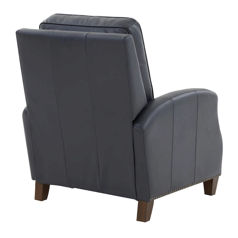 Fauteuil inclinable à pousser, simili cuir, accoudoirs demi-ronds, clous décoratifs, pieds en bois fuselés, mousse haute densité, marron selle / bleu nuit, 1 place