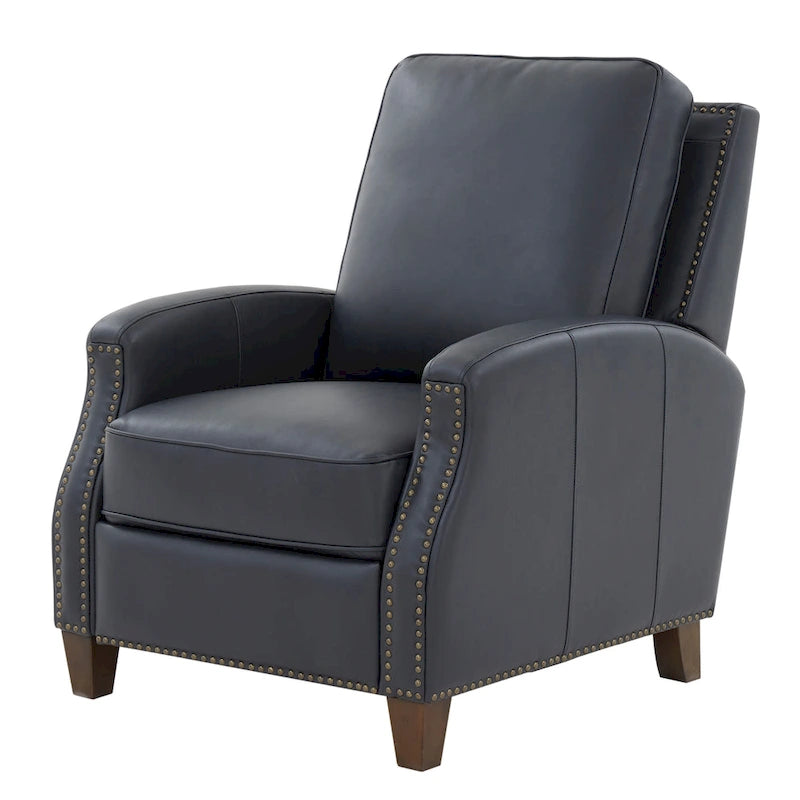 Fauteuil inclinable à pousser, simili cuir, accoudoirs demi-ronds, clous décoratifs, pieds en bois fuselés, mousse haute densité, marron selle / bleu nuit, 1 place