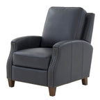 Fauteuil inclinable à pousser, simili cuir, accoudoirs demi-ronds, clous décoratifs, pieds en bois fuselés, mousse haute densité, marron selle / bleu nuit, 1 place