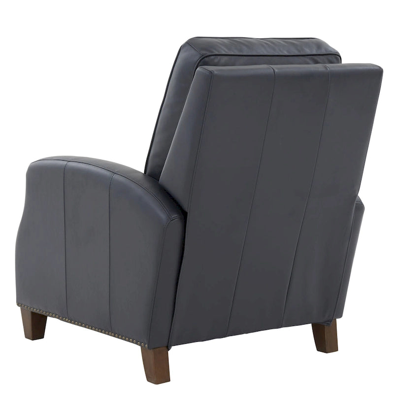 Fauteuil inclinable à pousser, simili cuir, accoudoirs demi-ronds, clous décoratifs, pieds en bois fuselés, mousse haute densité, marron selle / bleu nuit, 1 place