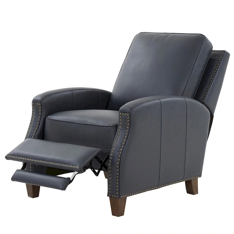 Fauteuil inclinable à pousser, simili cuir, accoudoirs demi-ronds, clous décoratifs, pieds en bois fuselés, mousse haute densité, marron selle / bleu nuit, 1 place