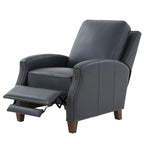 Fauteuil inclinable à pousser, simili cuir, accoudoirs demi-ronds, clous décoratifs, pieds en bois fuselés, mousse haute densité, marron selle / bleu nuit, 1 place