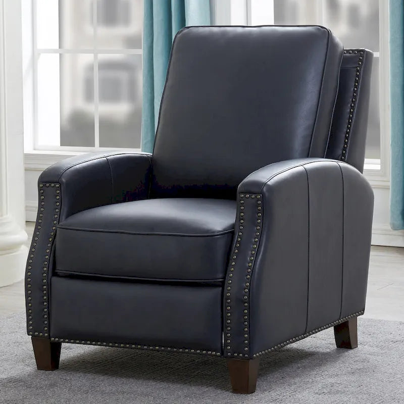Fauteuil inclinable à pousser, simili cuir, accoudoirs demi-ronds, clous décoratifs, pieds en bois fuselés, mousse haute densité, marron selle / bleu nuit, 1 place
