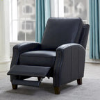 Fauteuil inclinable à pousser, simili cuir, accoudoirs demi-ronds, clous décoratifs, pieds en bois fuselés, mousse haute densité, marron selle / bleu nuit, 1 place