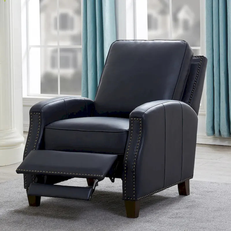 Fauteuil inclinable à pousser, simili cuir, accoudoirs demi-ronds, clous décoratifs, pieds en bois fuselés, mousse haute densité, marron selle / bleu nuit, 1 place