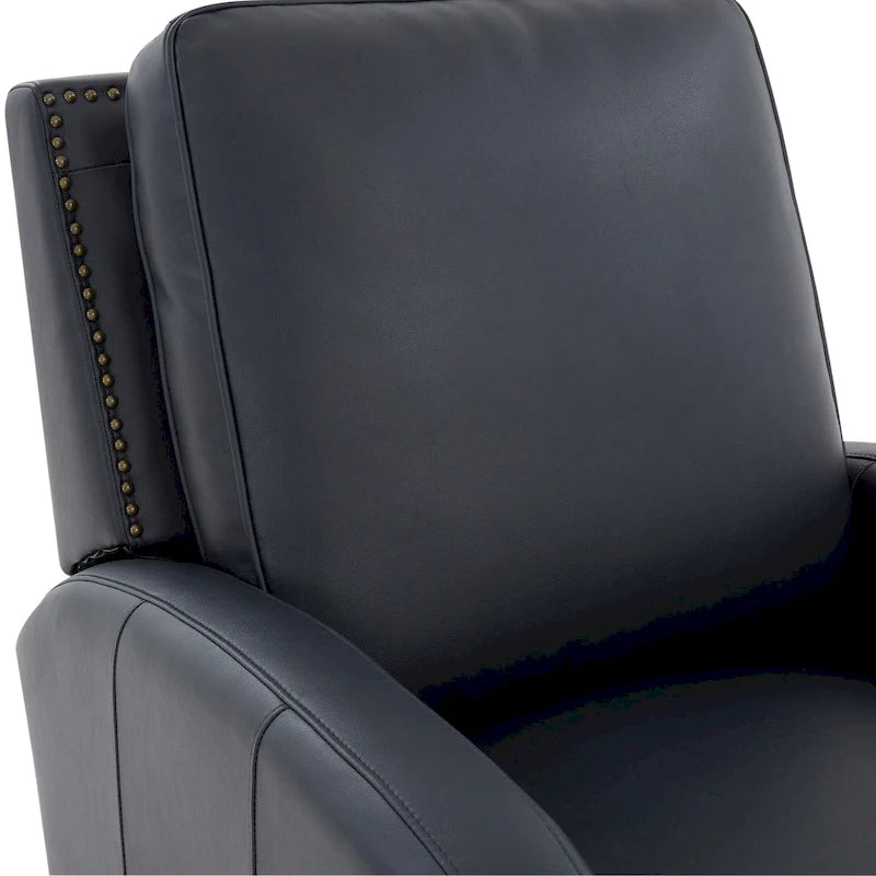 Fauteuil inclinable à pousser, simili cuir, accoudoirs demi-ronds, clous décoratifs, pieds en bois fuselés, mousse haute densité, marron selle / bleu nuit, 1 place
