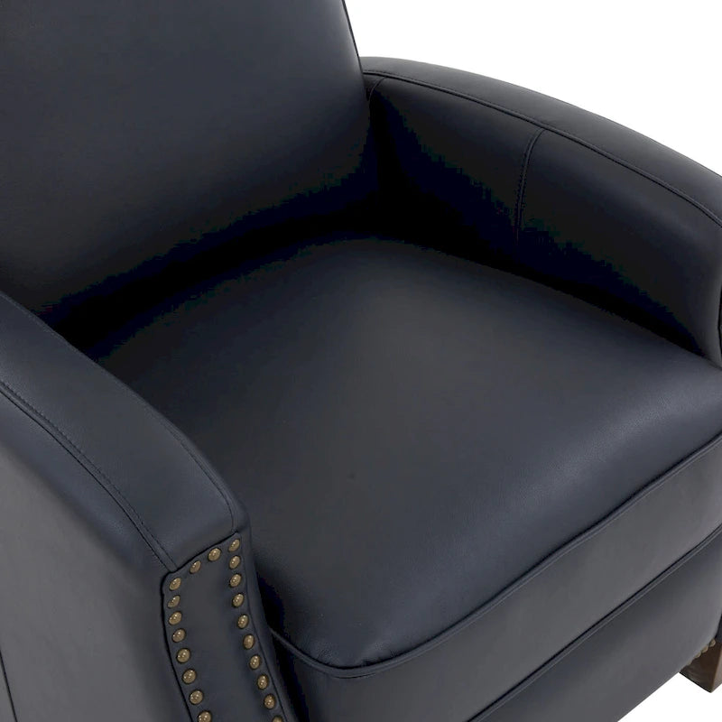 Fauteuil inclinable à pousser, simili cuir, accoudoirs demi-ronds, clous décoratifs, pieds en bois fuselés, mousse haute densité, marron selle / bleu nuit, 1 place