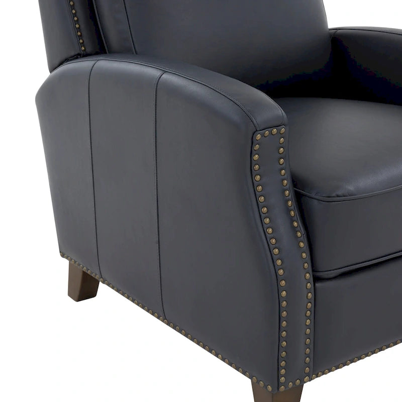 Fauteuil inclinable à pousser, simili cuir, accoudoirs demi-ronds, clous décoratifs, pieds en bois fuselés, mousse haute densité, marron selle / bleu nuit, 1 place