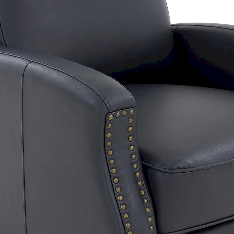 Fauteuil inclinable à pousser, simili cuir, accoudoirs demi-ronds, clous décoratifs, pieds en bois fuselés, mousse haute densité, marron selle / bleu nuit, 1 place