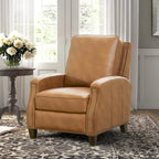 Fauteuil inclinable à pousser, simili cuir, accoudoirs demi-ronds, clous décoratifs, pieds en bois fuselés, mousse haute densité, marron selle / bleu nuit, 1 place
