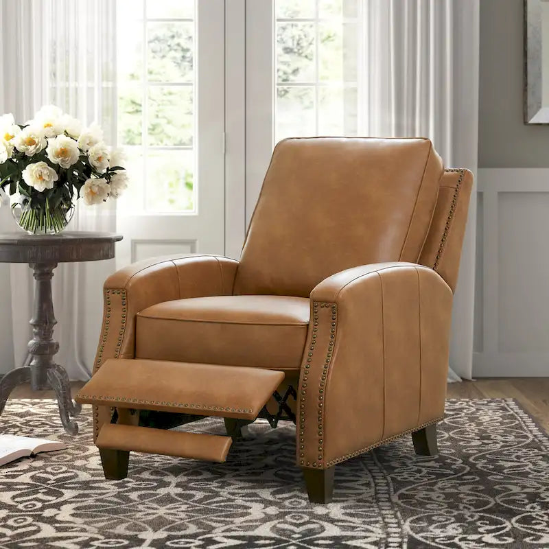 Fauteuil inclinable à pousser, simili cuir, accoudoirs demi-ronds, clous décoratifs, pieds en bois fuselés, mousse haute densité, marron selle / bleu nuit, 1 place