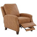 Fauteuil inclinable à pousser, simili cuir, accoudoirs demi-ronds, clous décoratifs, pieds en bois fuselés, mousse haute densité, marron selle / bleu nuit, 1 place