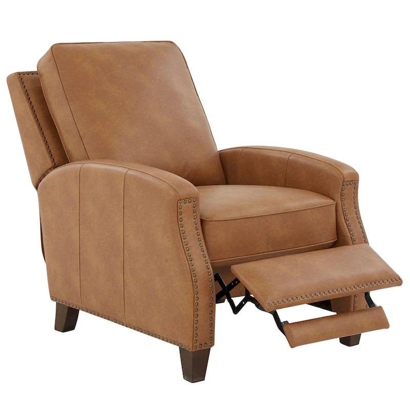 Fauteuil inclinable à pousser, simili cuir, accoudoirs demi-ronds, clous décoratifs, pieds en bois fuselés, mousse haute densité, marron selle / bleu nuit, 1 place