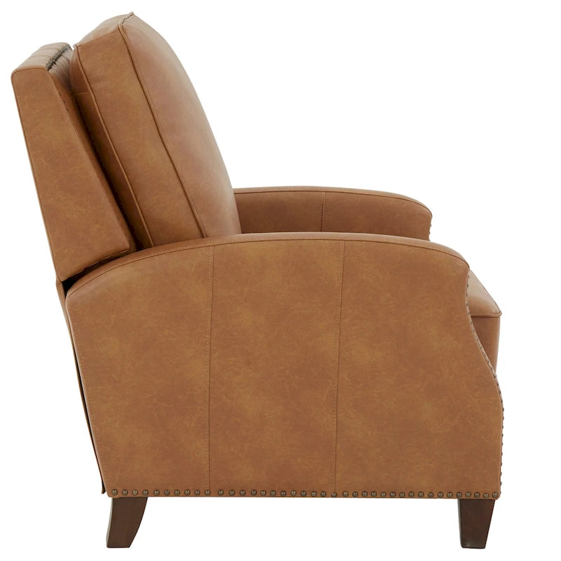 Fauteuil inclinable à pousser, simili cuir, accoudoirs demi-ronds, clous décoratifs, pieds en bois fuselés, mousse haute densité, marron selle / bleu nuit, 1 place