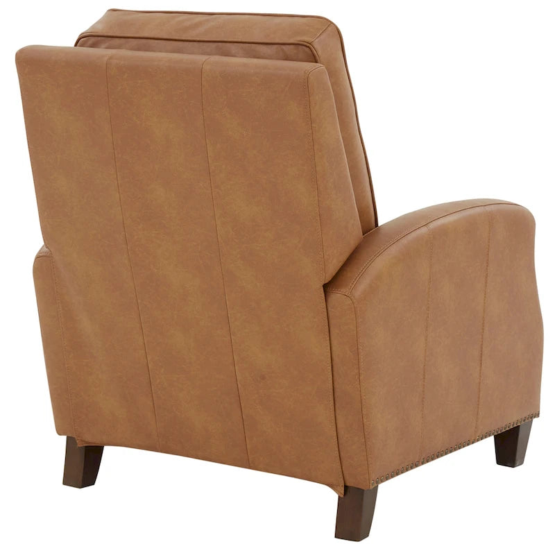 Fauteuil inclinable à pousser, simili cuir, accoudoirs demi-ronds, clous décoratifs, pieds en bois fuselés, mousse haute densité, marron selle / bleu nuit, 1 place