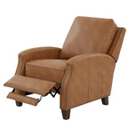 Fauteuil inclinable à pousser, simili cuir, accoudoirs demi-ronds, clous décoratifs, pieds en bois fuselés, mousse haute densité, marron selle / bleu nuit, 1 place