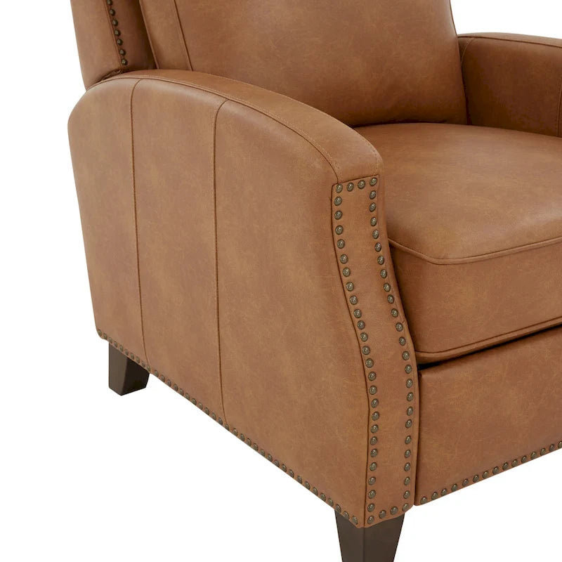 Fauteuil inclinable à pousser, simili cuir, accoudoirs demi-ronds, clous décoratifs, pieds en bois fuselés, mousse haute densité, marron selle / bleu nuit, 1 place