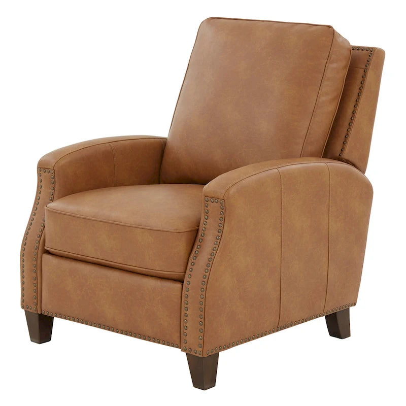 Fauteuil inclinable à pousser, simili cuir, accoudoirs demi-ronds, clous décoratifs, pieds en bois fuselés, mousse haute densité, marron selle / bleu nuit, 1 place