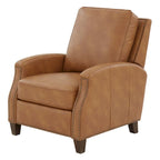 Fauteuil inclinable à pousser, simili cuir, accoudoirs demi-ronds, clous décoratifs, pieds en bois fuselés, mousse haute densité, marron selle / bleu nuit, 1 place