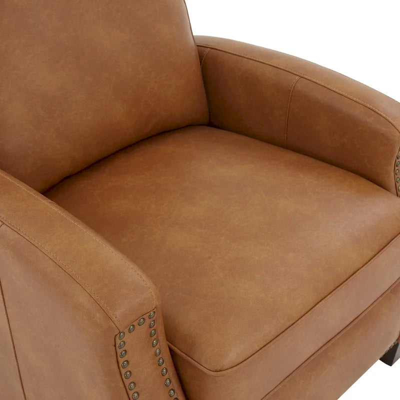 Fauteuil inclinable à pousser, simili cuir, accoudoirs demi-ronds, clous décoratifs, pieds en bois fuselés, mousse haute densité, marron selle / bleu nuit, 1 place
