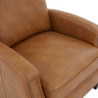 Fauteuil inclinable à pousser, simili cuir, accoudoirs demi-ronds, clous décoratifs, pieds en bois fuselés, mousse haute densité, marron selle / bleu nuit, 1 place