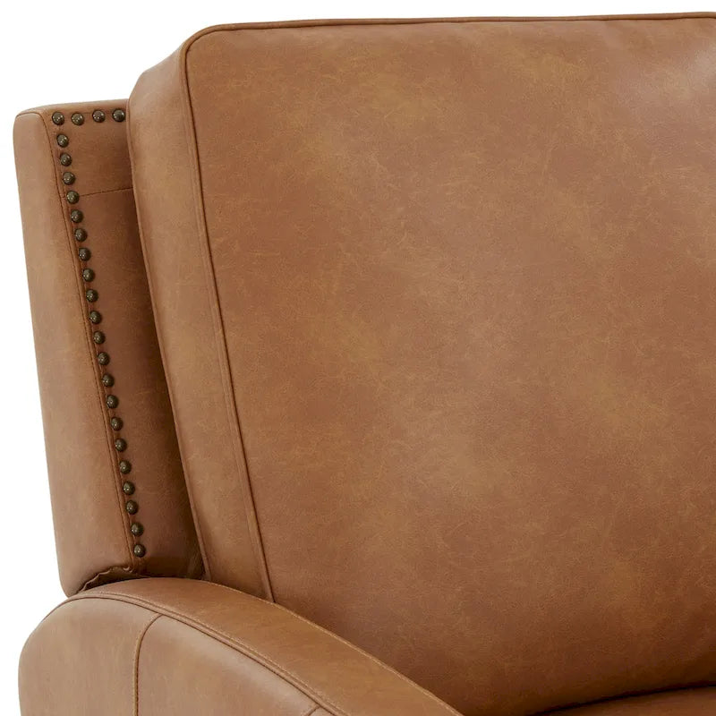 Fauteuil inclinable à pousser, simili cuir, accoudoirs demi-ronds, clous décoratifs, pieds en bois fuselés, mousse haute densité, marron selle / bleu nuit, 1 place