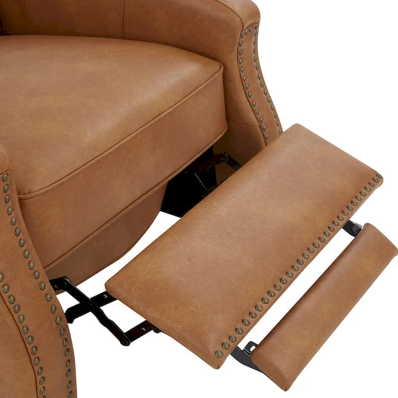 Fauteuil inclinable à pousser, simili cuir, accoudoirs demi-ronds, clous décoratifs, pieds en bois fuselés, mousse haute densité, marron selle / bleu nuit, 1 place
