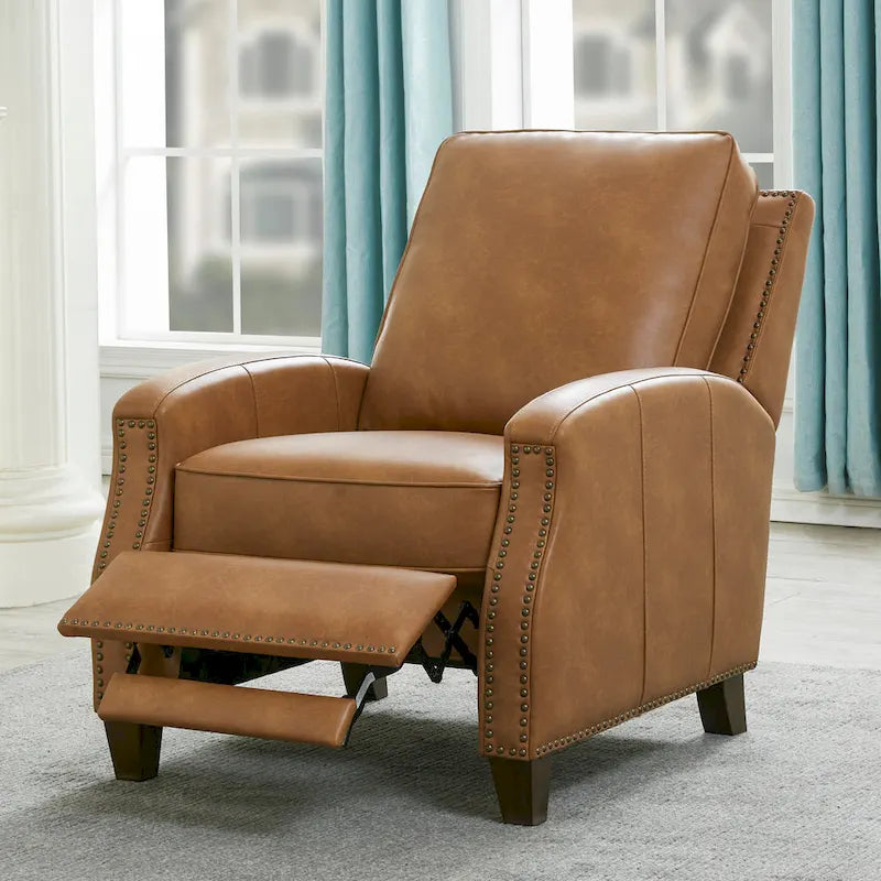 Fauteuil inclinable à pousser, simili cuir, accoudoirs demi-ronds, clous décoratifs, pieds en bois fuselés, mousse haute densité, marron selle / bleu nuit, 1 place