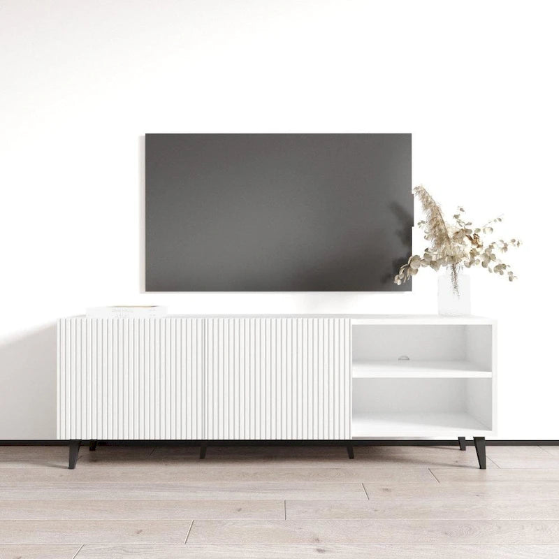 Meuble TV de 150 cm, style moderne, finition mate, convient aux téléviseurs jusqu'à 65 pouces, blanc/noir, utilisation par 1 personne