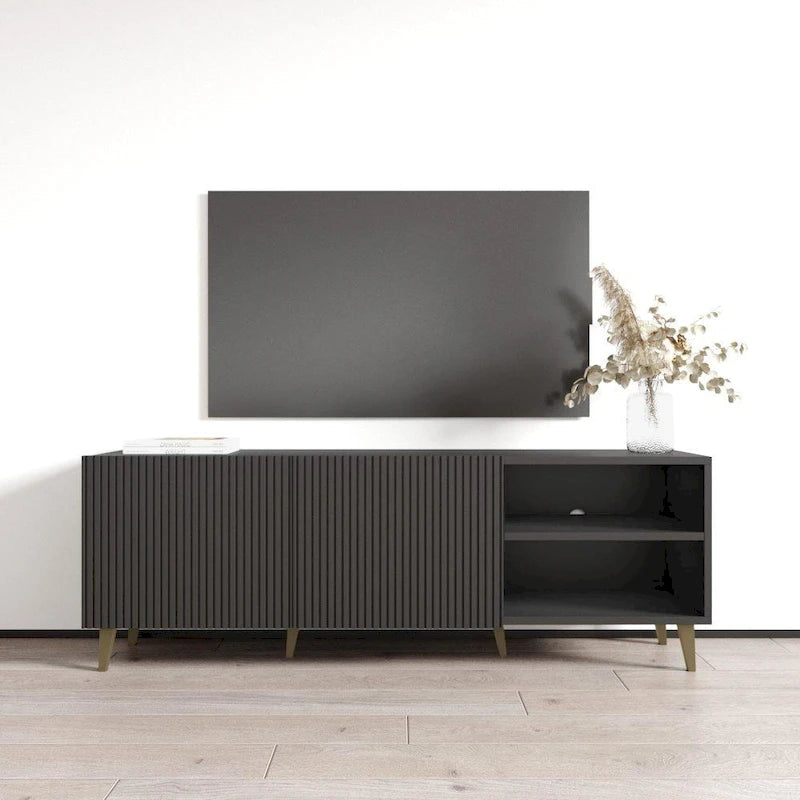 Meuble TV de 150 cm, style moderne, finition mate, convient aux téléviseurs jusqu'à 65 pouces, blanc/noir, utilisation par 1 personne