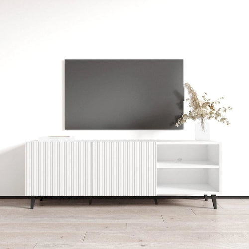 Meuble TV de 150 cm, style moderne, finition mate, convient aux téléviseurs jusqu'à 65 pouces, blanc/noir, utilisation par 1 personne