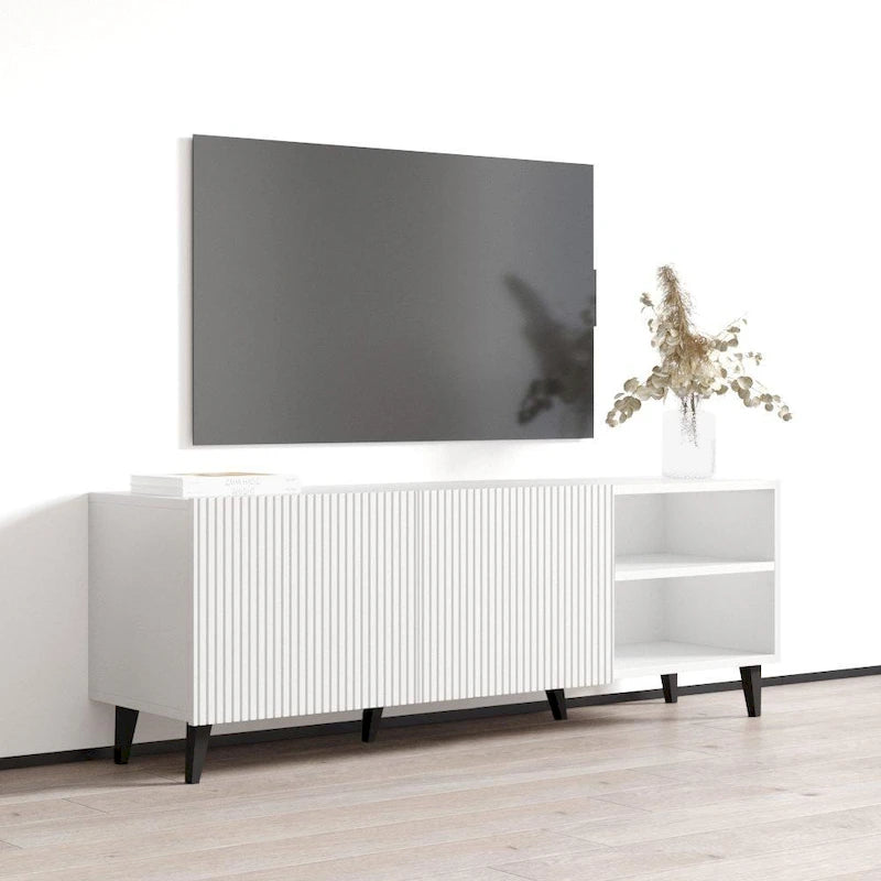 Meuble TV de 150 cm, style moderne, finition mate, convient aux téléviseurs jusqu'à 65 pouces, blanc/noir, utilisation par 1 personne