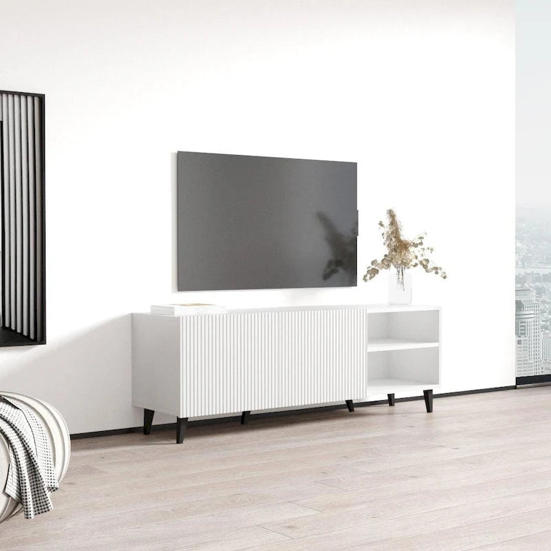 Meuble TV de 150 cm, style moderne, finition mate, convient aux téléviseurs jusqu'à 65 pouces, blanc/noir, utilisation par 1 personne