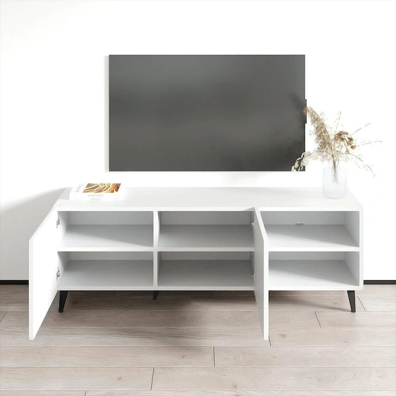 Meuble TV de 150 cm, style moderne, finition mate, convient aux téléviseurs jusqu'à 65 pouces, blanc/noir, utilisation par 1 personne
