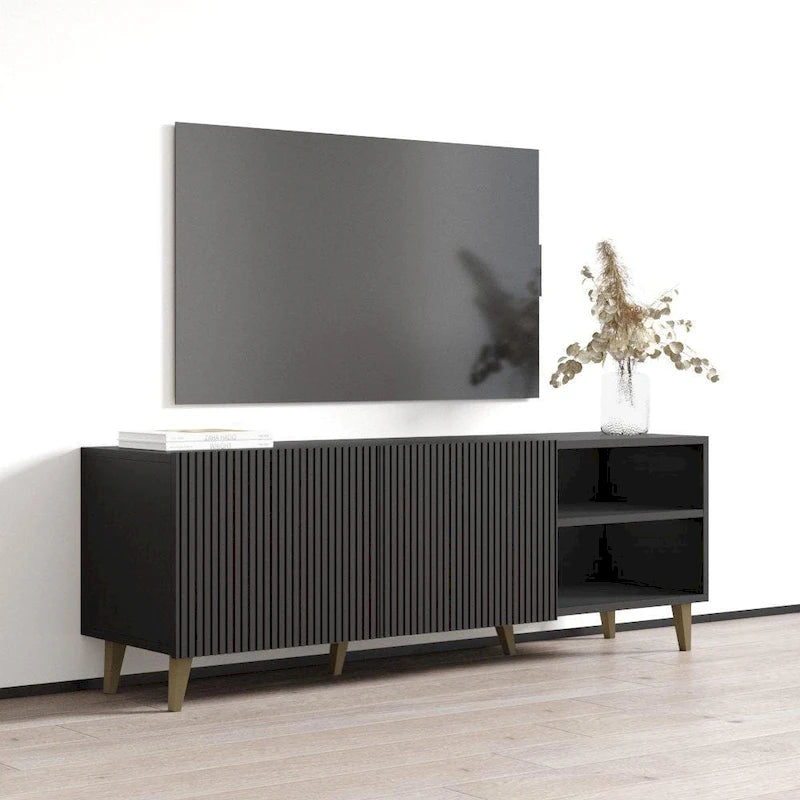 Meuble TV de 150 cm, style moderne, finition mate, convient aux téléviseurs jusqu'à 65 pouces, blanc/noir, utilisation par 1 personne