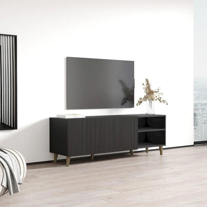 Meuble TV de 150 cm, style moderne, finition mate, convient aux téléviseurs jusqu'à 65 pouces, blanc/noir, utilisation par 1 personne