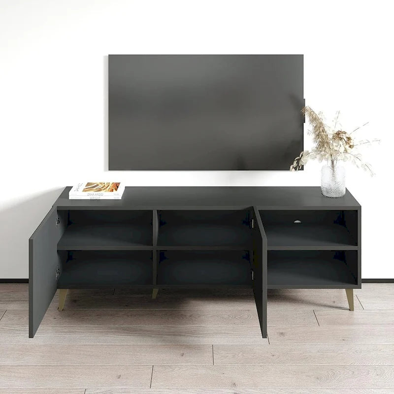 Meuble TV de 150 cm, style moderne, finition mate, convient aux téléviseurs jusqu'à 65 pouces, blanc/noir, utilisation par 1 personne