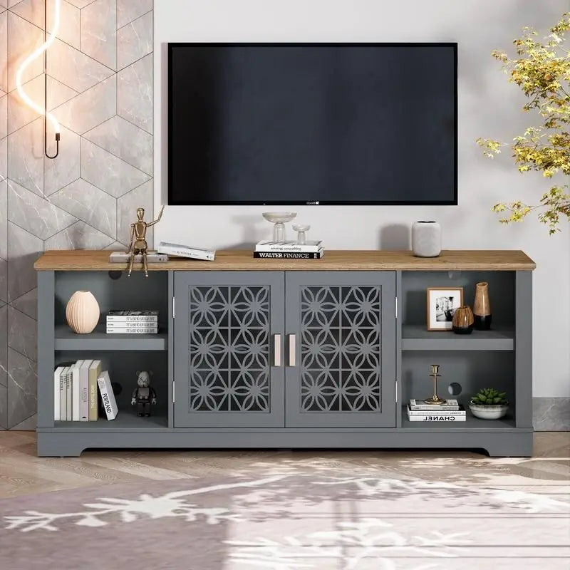 Meuble TV avec portes battantes florales, étagère réglable, convient aux téléviseurs jusqu'à 82 pouces, vert/gris, utilisation par 1 personne