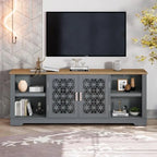 Meuble TV avec portes battantes florales, étagère réglable, convient aux téléviseurs jusqu'à 82 pouces, vert/gris, utilisation par 1 personne