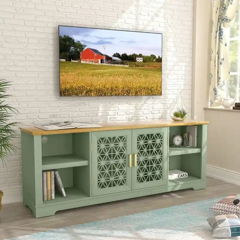 Meuble TV avec portes battantes florales, étagère réglable, convient aux téléviseurs jusqu'à 82 pouces, vert/gris, utilisation par 1 personne