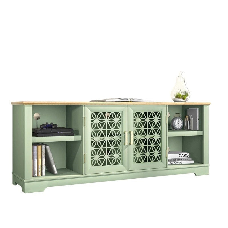 Meuble TV avec portes battantes florales, étagère réglable, convient aux téléviseurs jusqu'à 82 pouces, vert/gris, utilisation par 1 personne
