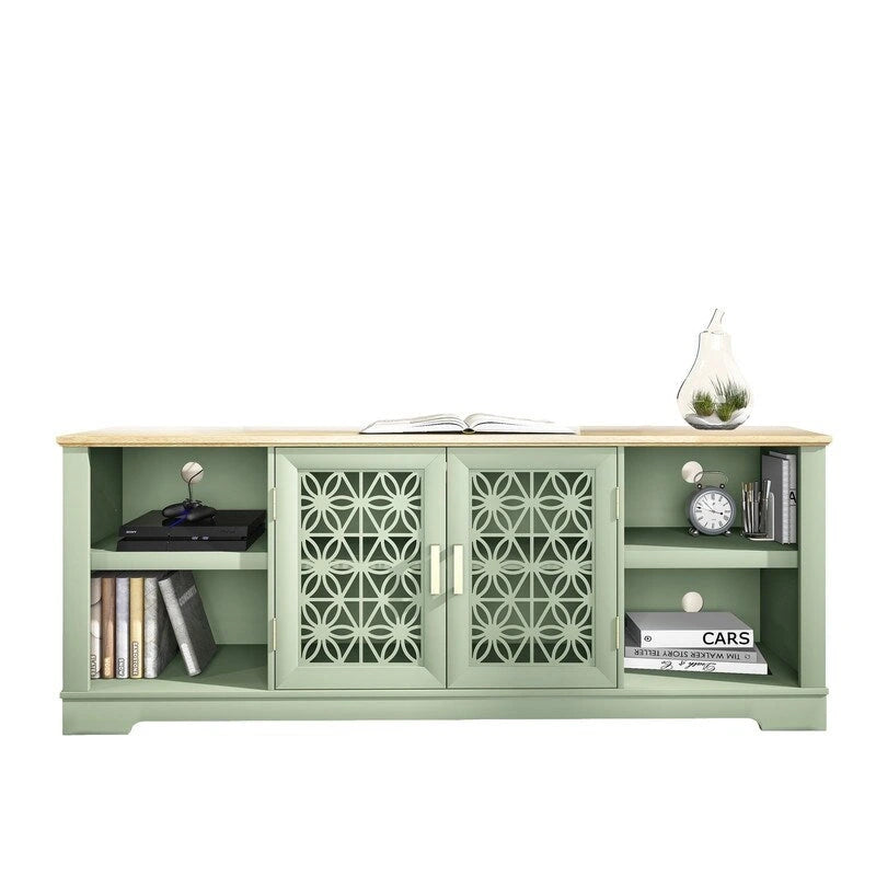 Meuble TV avec portes battantes florales, étagère réglable, convient aux téléviseurs jusqu'à 82 pouces, vert/gris, utilisation par 1 personne